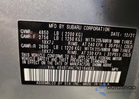 2022 Subaru Outback Limited из США, поврежденный, VIN 4S4BTANC7N3184833